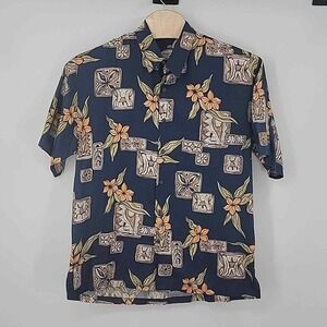 Vintage STRAIGHT DOWN Hawaiian Floral Button Up Shirt Mens XL Blue Sateen‎ USA